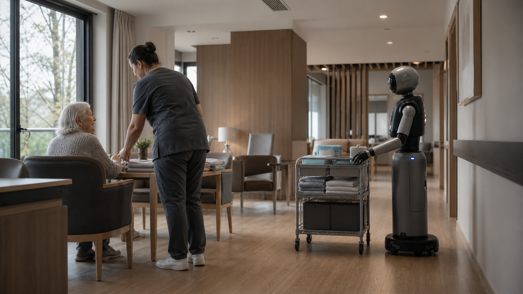 A care professional and an older adult in a residential care setting with an assistive robot moving supplies
