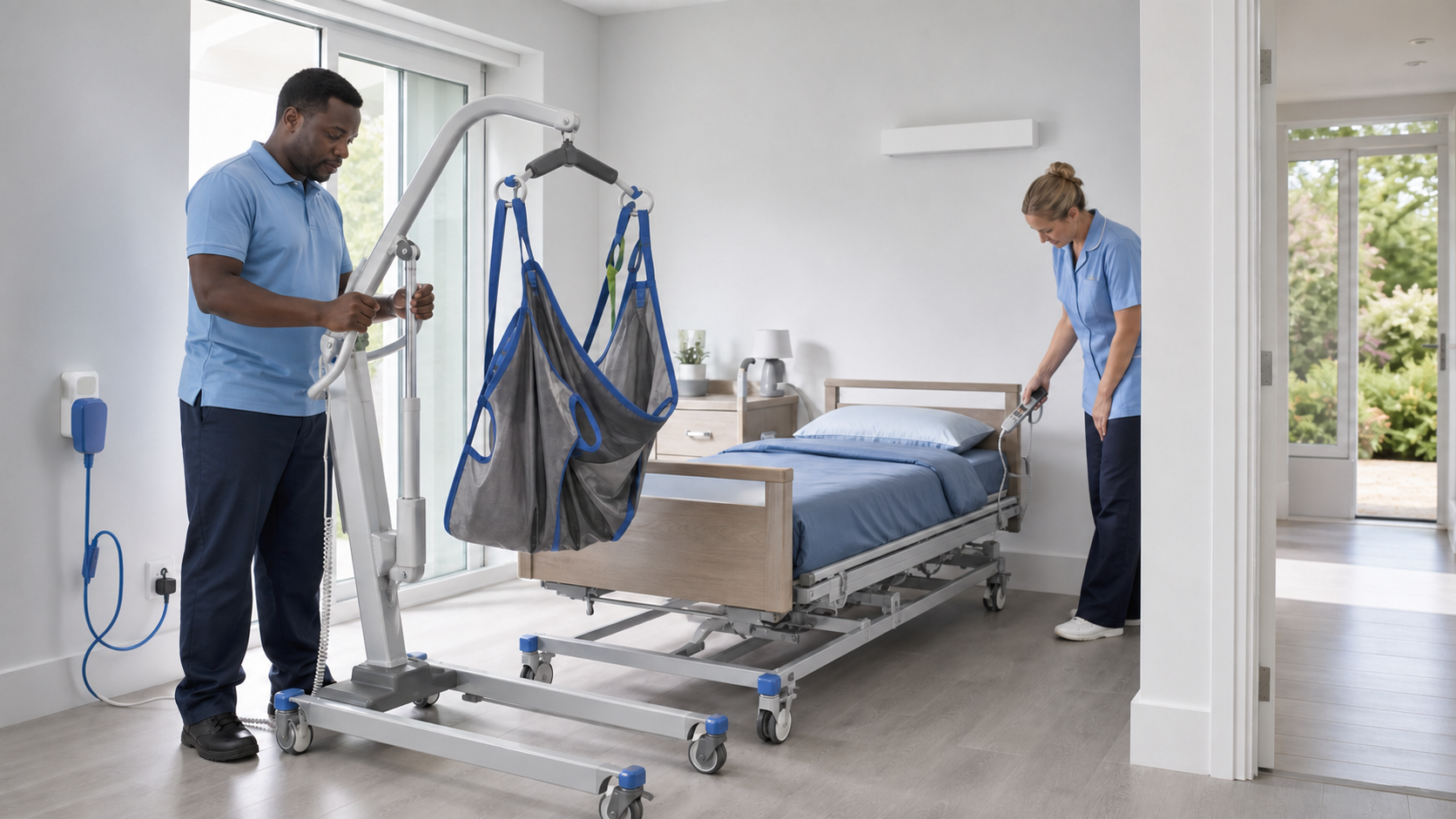 Two care workers preparing a mobile hoist and an electric profiling bed in a bright care room